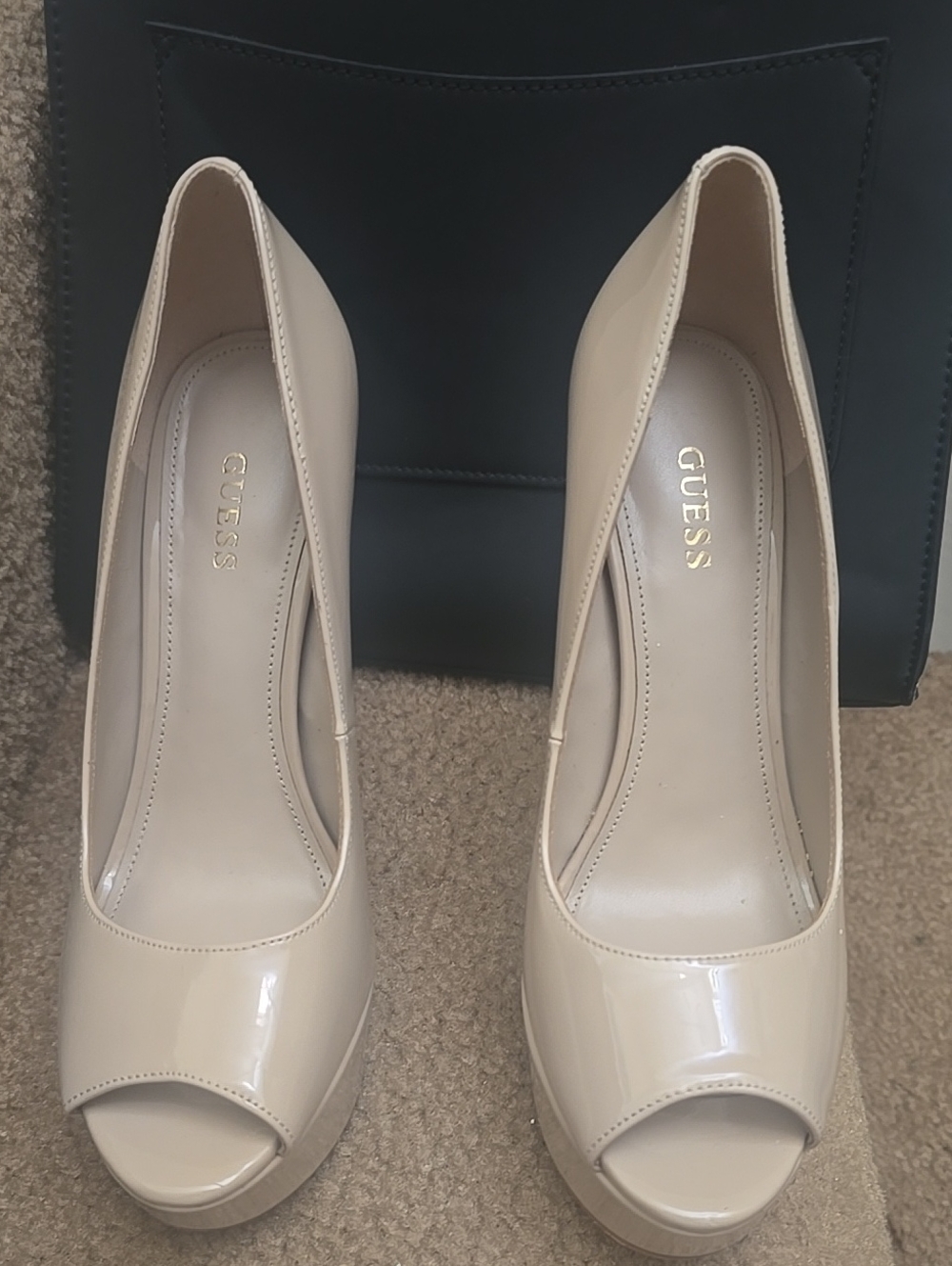 GUESS Nude Patent Peep-Toe Platform Heels